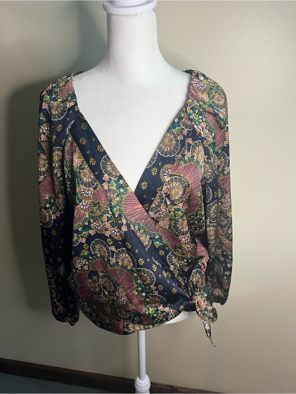 Point Sur Women’s Multicolor Floral Wrap Blouse with Tie Detail